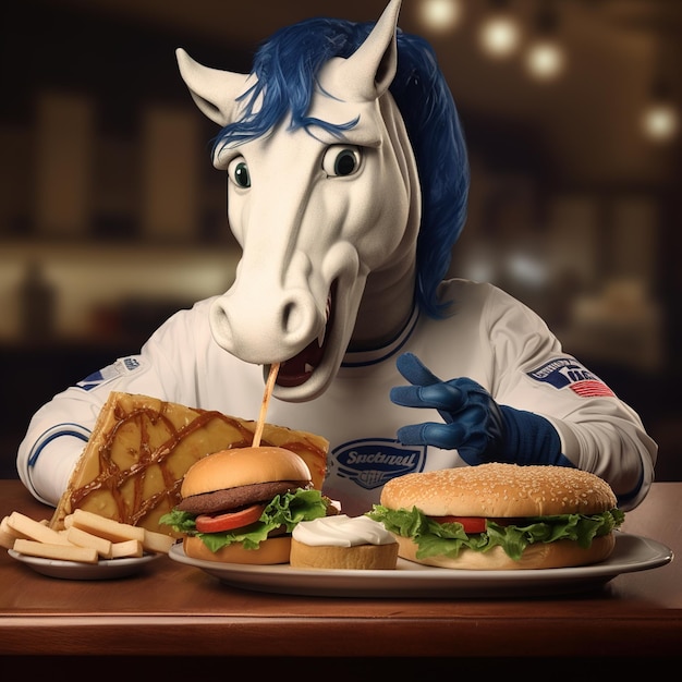 La mascota del caballo blanco de los Colts de Indianápolis comiendo sándwich