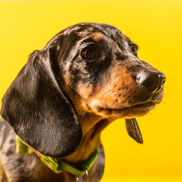 Mascota de cachorro Dachshund sobre fondo amarillo