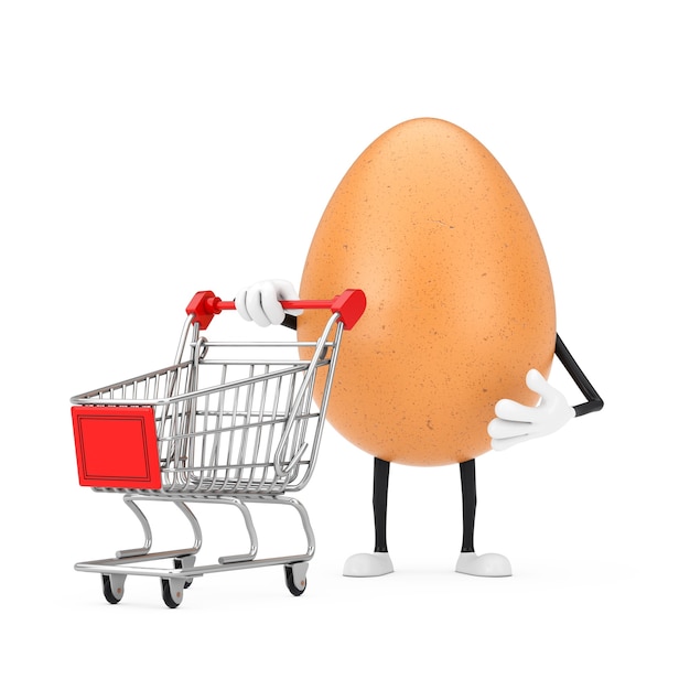 Mascota del carácter de la persona del huevo de gallina marrón con la carretilla del carro de la compra en un fondo blanco. Representación 3D