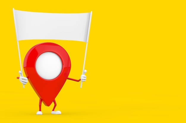 Mascota de carácter de pin de puntero de mapa y banner en blanco blanco vacío con espacio libre para su diseño sobre un fondo amarillo. Representación 3D