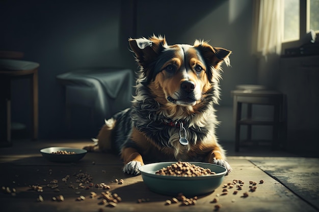 Mascota comiendo comida Perro come comida del tazón El perro pide comida Perro hambriento esperando para comer de su tazón grande