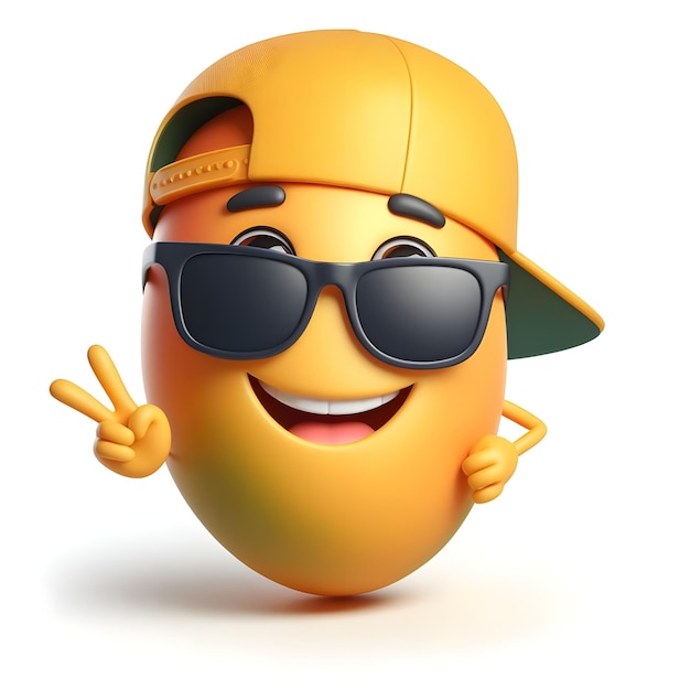 una mascota de dibujos animados de mango 3D sonriente con snapback amarillo y gafas de sol