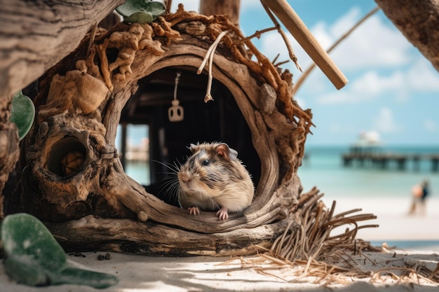 Mascota exótica con vista a la playa rodeada de madera a la deriva y conchas marinas creadas con IA generativa