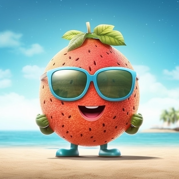 Una mascota de fresa con gafas de sol se encuentra en una playa con un cielo azul de fondo.