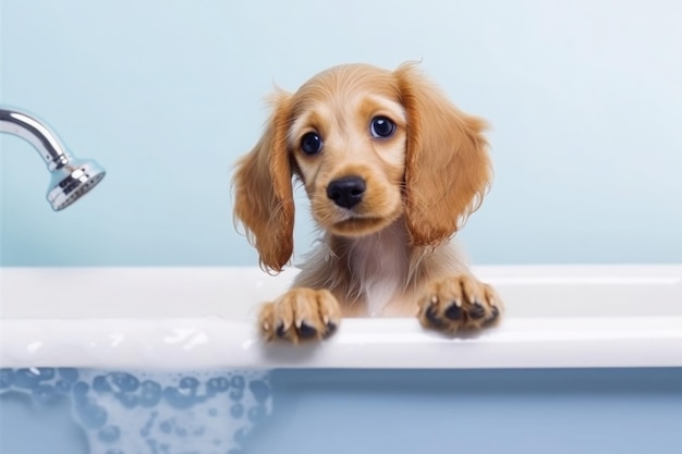 Mascota de lavado Lindo perro en el baño sobre fondo azul AI generativa