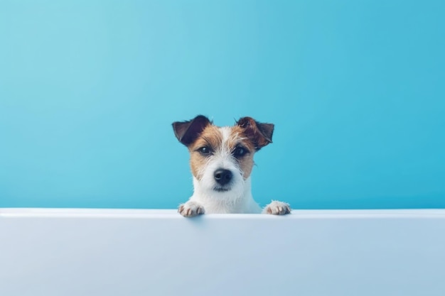 Mascota de lavado Lindo perro en el baño sobre fondo azul AI generativa