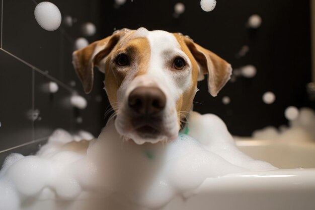 Foto mascota de lavado perro lindo en el baño con espuma de champú ia generativa