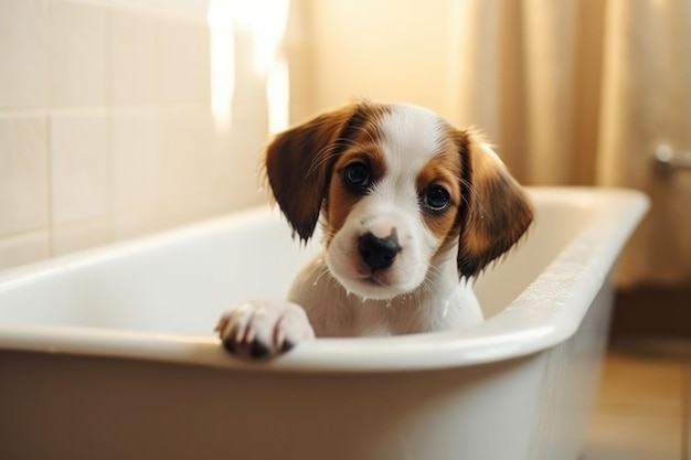 Mascota de lavado Perro lindo en el baño con espuma de champú IA generativa