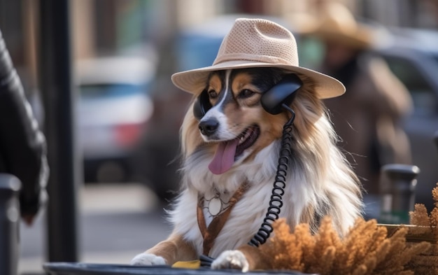 Mascota de perro collie con sombrero y auriculares sentado en un café de la ciudad ai generativo