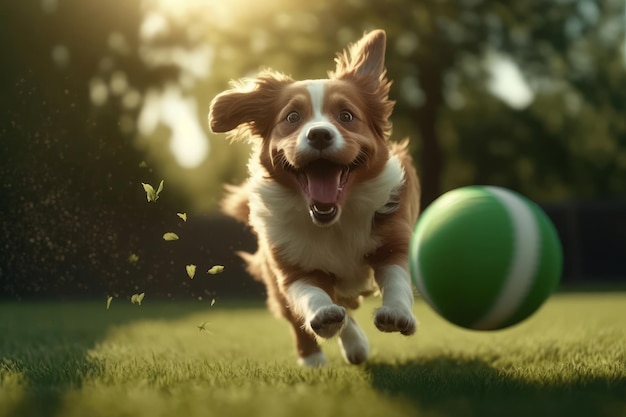 Foto mascota de perro en el parque jugando con una pelota en un césped verde ia generativa