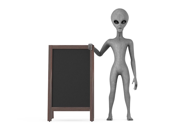 Mascota de persona de personaje de dibujos animados alienígena humanoide gris aterrador con pizarras de menú de madera en blanco Pantalla al aire libre Representación 3d