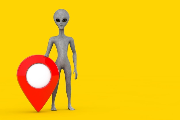 Mascota de persona de personaje de dibujos animados alienígena humanoide gris aterrador con puntero de mapa rojo Pin de destino Representación 3d