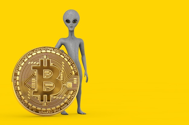 Mascota de persona de personaje de dibujos animados alienígena humanoide gris aterrador con representación 3d de moneda de Bitcoin de oro digital y criptomoneda