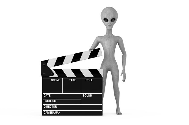 Mascota de persona de personaje de dibujos animados alienígena humanoide gris aterrador con tablero de chapaleta de película Representación 3d