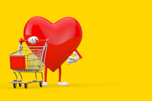 Mascota de personaje de corazón rojo con carrito de compras sobre un fondo amarillo. Representación 3D