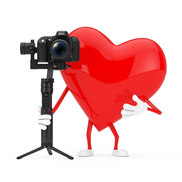 Mascota de personaje de corazón rojo con DSLR o sistema de trípode de estabilización de cardán de cámara de video sobre un fondo blanco. Representación 3D