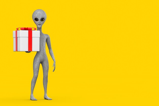 Mascota de personaje de dibujos animados alienígena humanoide gris aterrador y caja de regalo con cinta roja Representación 3d