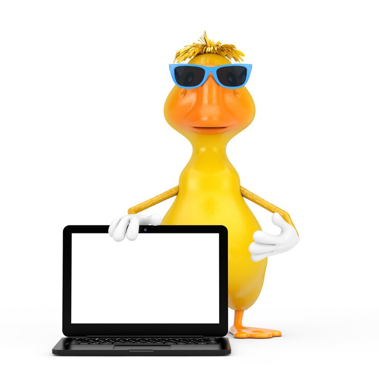 Foto mascota de personaje de dibujos animados amarillo lindo pato persona con moderno portátil y pantalla en blanco para su diseño sobre un fondo blanco. representación 3d