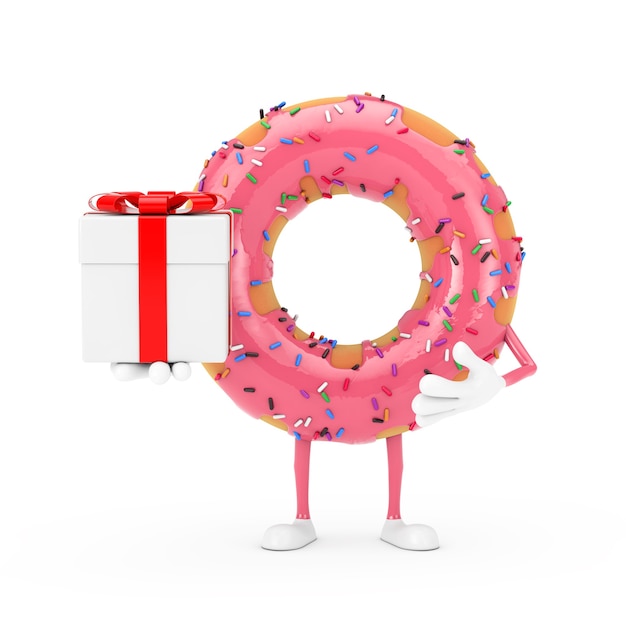 Mascota de personaje de donut glaseado rosa fresa grande con caja de regalo con cinta roja sobre un fondo blanco. Representación 3D