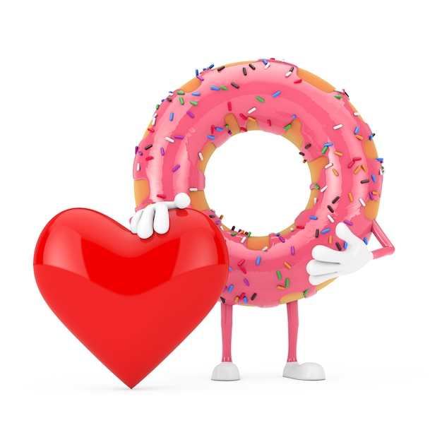 Mascota de personaje de donut glaseado rosa fresa grande con corazón rojo sobre un fondo blanco. Representación 3D