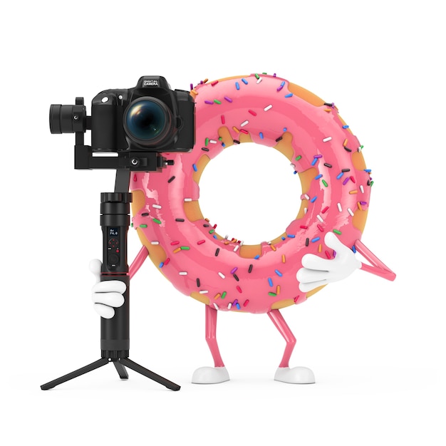 Mascota de personaje de donut glaseado rosa fresa grande con DSLR o sistema de trípode de estabilización de cardán de cámara de video sobre un fondo blanco. Representación 3D