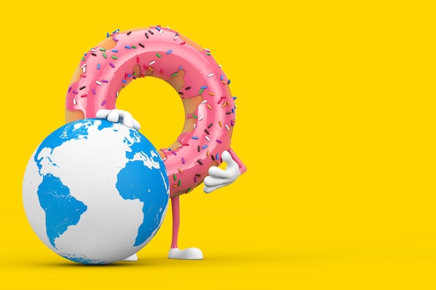 Mascota de personaje de donut glaseado rosa fresa grande con globo terráqueo sobre un fondo amarillo. Representación 3D