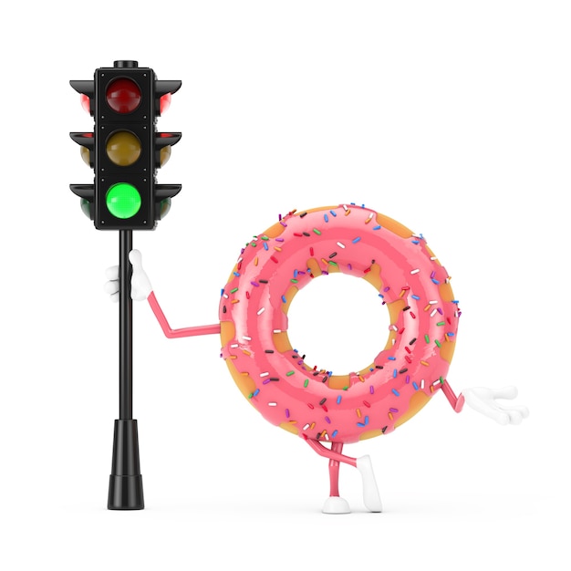 Mascota de personaje de donut glaseado rosa fresa grande con luz verde de tráfico sobre un fondo blanco. Representación 3D