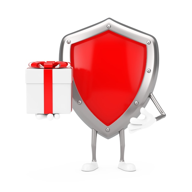 Mascota de personaje de escudo de protección de metal rojo con caja de regalo y cinta roja sobre un fondo blanco. Representación 3D