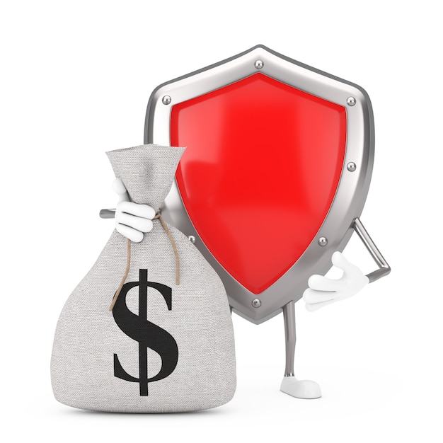 Mascota de personaje de escudo de protección de metal rojo y saco de dinero de lino rústico atado o bolsa de dinero con signo de dólar sobre un fondo blanco. Representación 3D