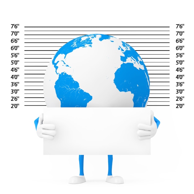 Mascota de personaje de globo terráqueo con placa de identificación frente a la formación de la policía o primer plano extremo de fondo de Mugshot. Representación 3D