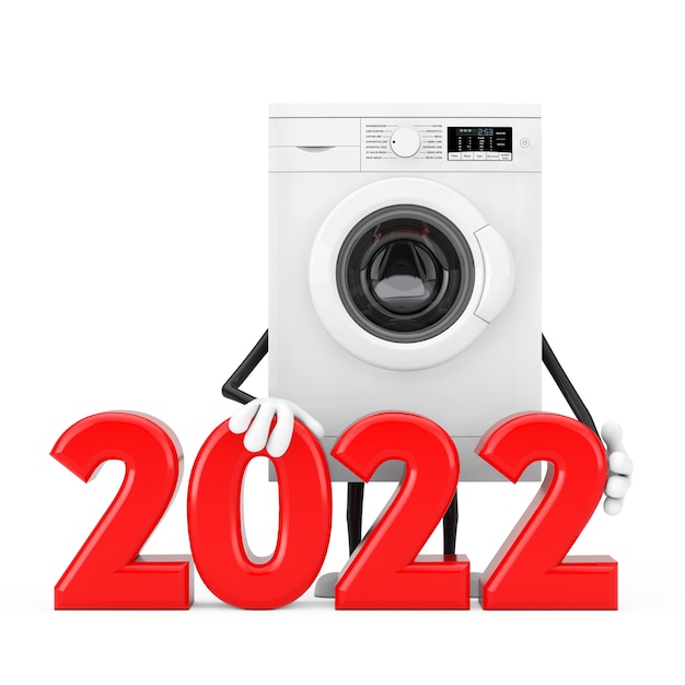 Mascota de personaje de lavadora blanca moderna con signo de año nuevo 2022 sobre un fondo blanco. Representación 3D