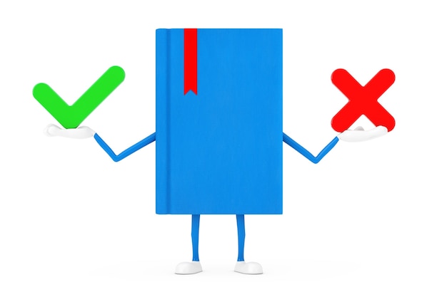 Mascota del personaje del libro azul con la Cruz Roja y la marca de verificación verde, confirmar o negar, signo de icono sí o no sobre un fondo blanco. Representación 3D