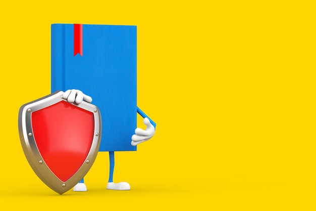 Mascota de personaje de libro azul con escudo de protección de metal rojo sobre un fondo amarillo. Representación 3D