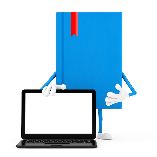 Mascota de personaje de libro azul y moderna computadora portátil con pantalla en blanco para su diseño sobre un fondo blanco. Representación 3D