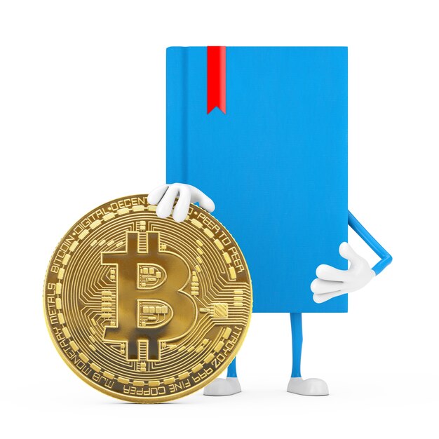 Mascota de personaje de libro azul con moneda Bitcoin de oro digital y criptomoneda sobre un fondo blanco. Representación 3D