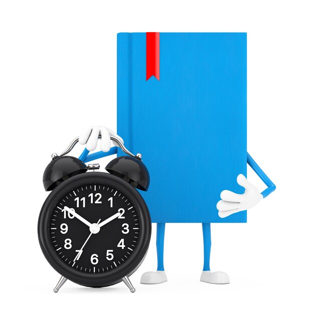 Mascota de personaje de libro azul con reloj despertador sobre un fondo blanco. Representación 3D