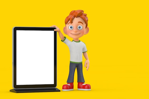 Mascota de personaje de persona adolescente de niño pequeño de dibujos animados con soporte de pantalla LCD de feria comercial en blanco como plantilla para su diseño Representación 3d