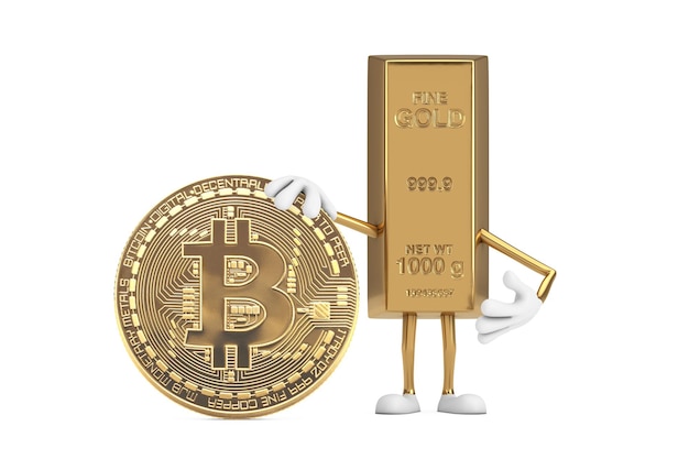 Mascota del personaje de la persona de dibujos animados de la barra de oro con la moneda Bitcoin de oro de la criptomoneda sobre un fondo blanco Representación 3d