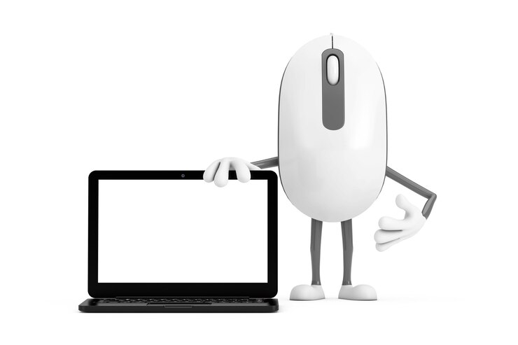 Foto mascota del personaje de la persona de dibujos animados del ratón de la computadora con la computadora portátil moderna y la pantalla en blanco para su diseño representación 3d