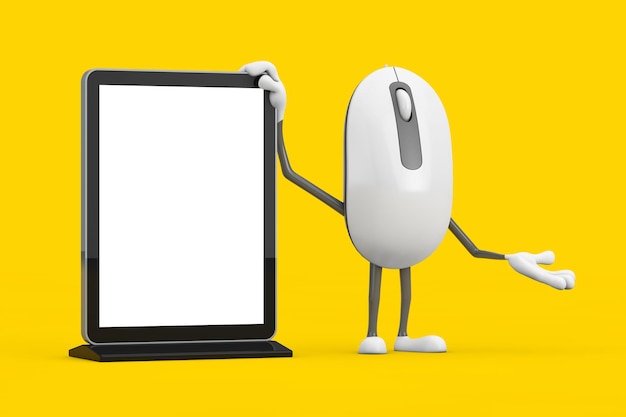 Mascota del personaje de la persona de dibujos animados del ratón de la computadora con el soporte de pantalla LCD de la feria comercial en blanco como plantilla para su diseño Representación 3d
