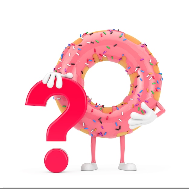 Mascota de personaje de persona de Donut glaseado rosa fresa grande con signo de interrogación rojo sobre un fondo blanco. Representación 3D