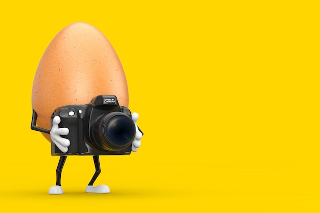 Mascota de personaje de persona de huevo de gallina marrón con cámara de fotos digital moderna sobre un fondo amarillo. Representación 3D