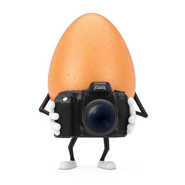 Mascota de personaje de persona de huevo de gallina marrón con cámara de fotos digital moderna sobre un fondo blanco. Representación 3D