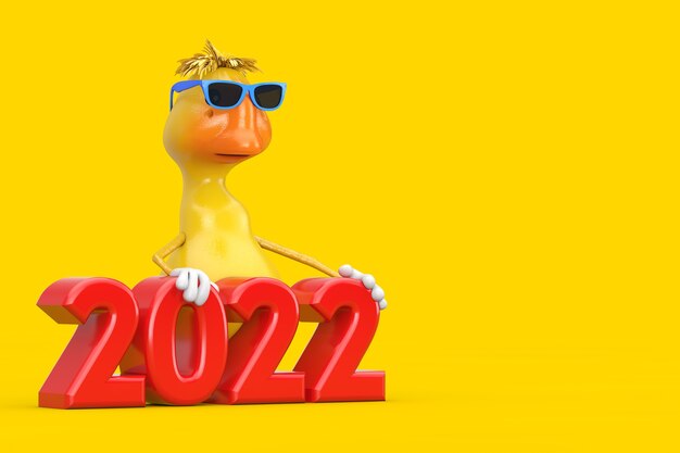 Mascota de personaje de persona de pato de dibujos animados amarillo lindo con cartel rojo de año nuevo 2022 sobre un fondo amarillo. Representación 3D