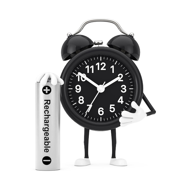 Mascota de personaje de reloj despertador con batería recargable sobre un fondo blanco. Representación 3D