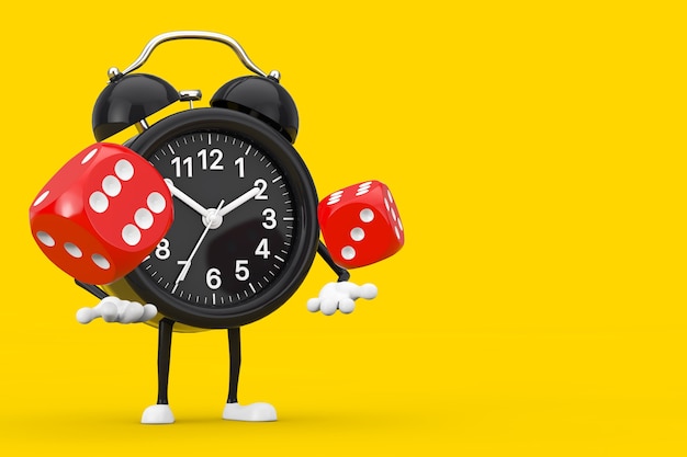 Mascota de personaje de reloj despertador con cubos de dados de juego rojo en vuelo sobre un fondo amarillo. Representación 3D