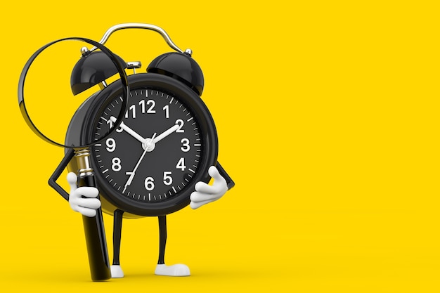 Mascota de personaje de reloj despertador con lupa sobre un fondo amarillo. Representación 3D