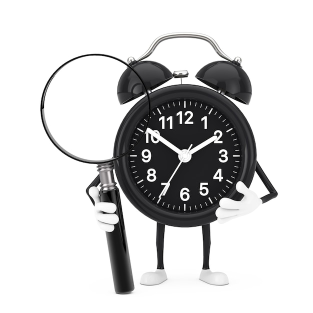 Mascota de personaje de reloj despertador con lupa sobre un fondo blanco. Representación 3D