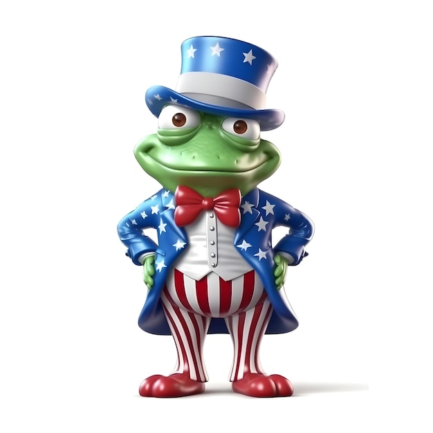 La mascota de la rana 3d usa un disfraz del tío sam el día de la independencia americana el 4 de julio