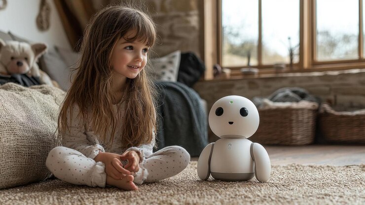 Foto una mascota robótica interactuando con un niño en una sala de estar moderna